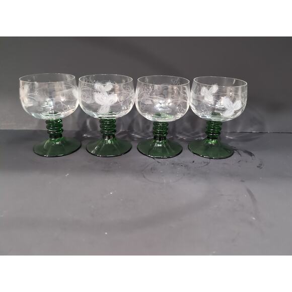 Roemer Etched Grape Glasses, Cordial Wine Set of 4, Green Ribbed Stem, Drinkware - Picture 4 of 9